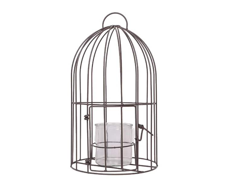 Cage bougeoir en métal et verre gris Ø.22 x 40cm