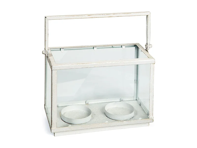 ~Photophore bougie bougeoir Noël rectangle métal verre blanc 23.5cm