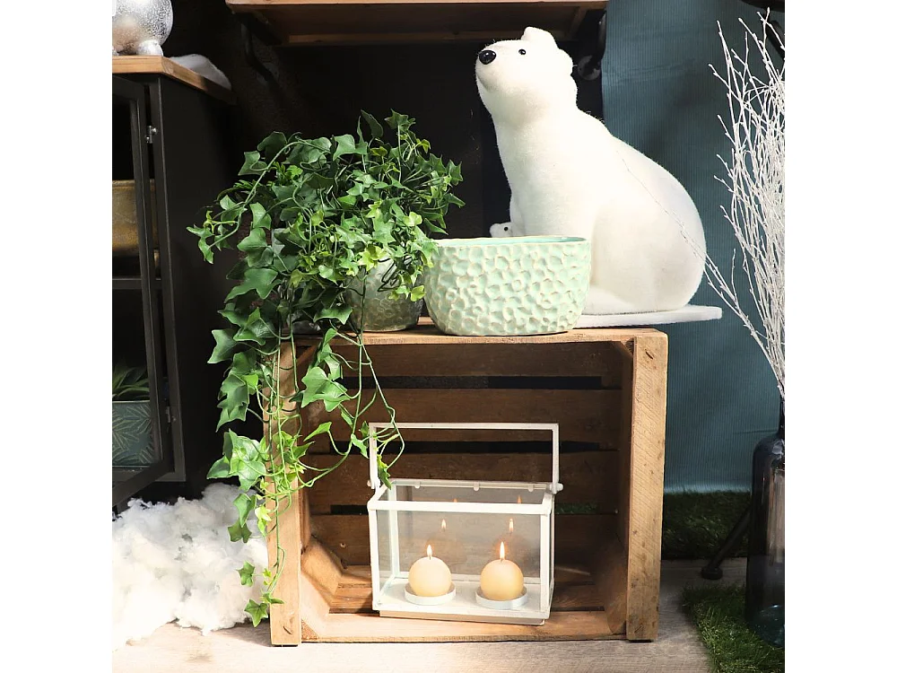 ~Photophore bougie bougeoir Noël rectangle métal verre blanc 23.5cm