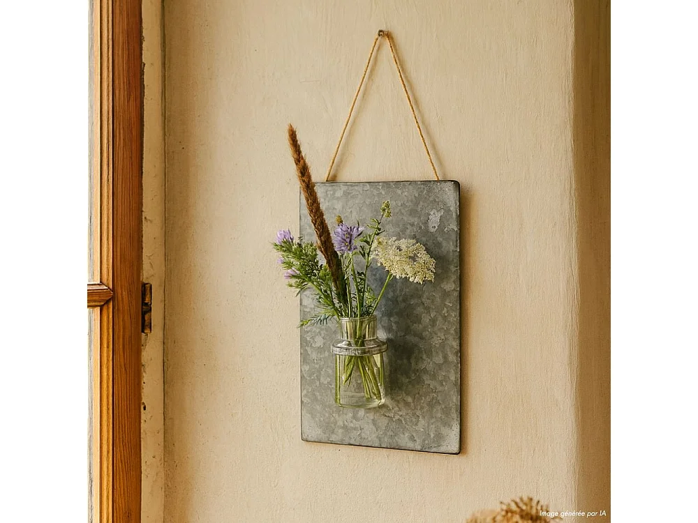 Plaque murale soliflore vase mural zinc verre gris 36.5x24.5cm