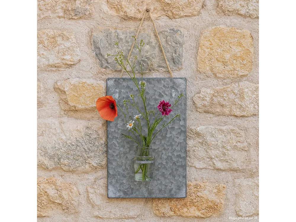 Plaque murale soliflore vase mural zinc verre gris 36.5x24.5cm