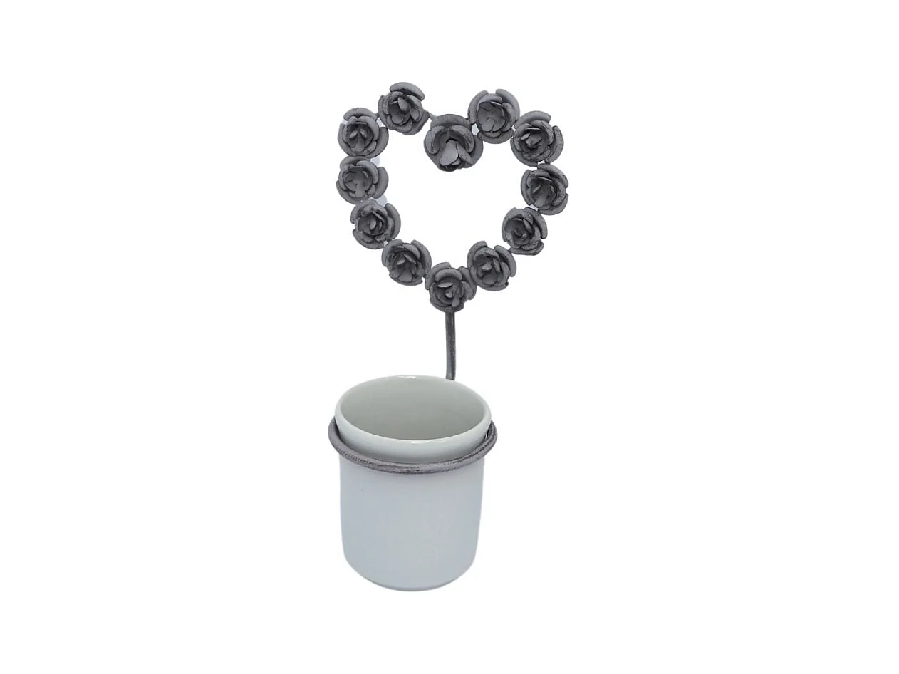 Porte brosse à dents en porcelaine blanche et métal gris en forme de coeur 27 x 14 cm