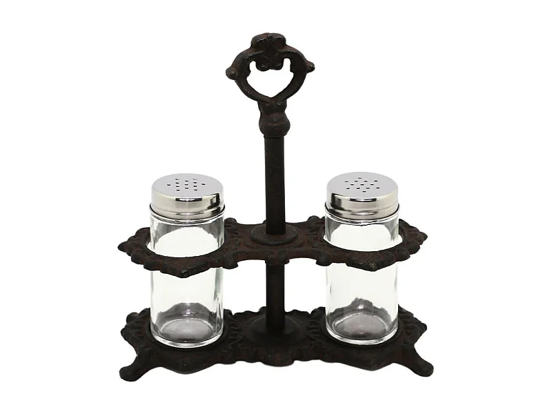 Salière et poivrière anciennes vintage fonte marron verre 18x8x20cm