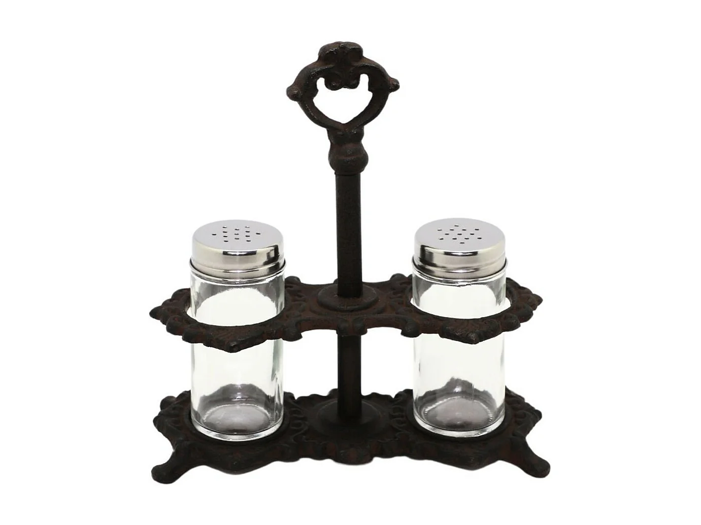 Salière et poivrière anciennes vintage fonte marron verre 18x8x20cm