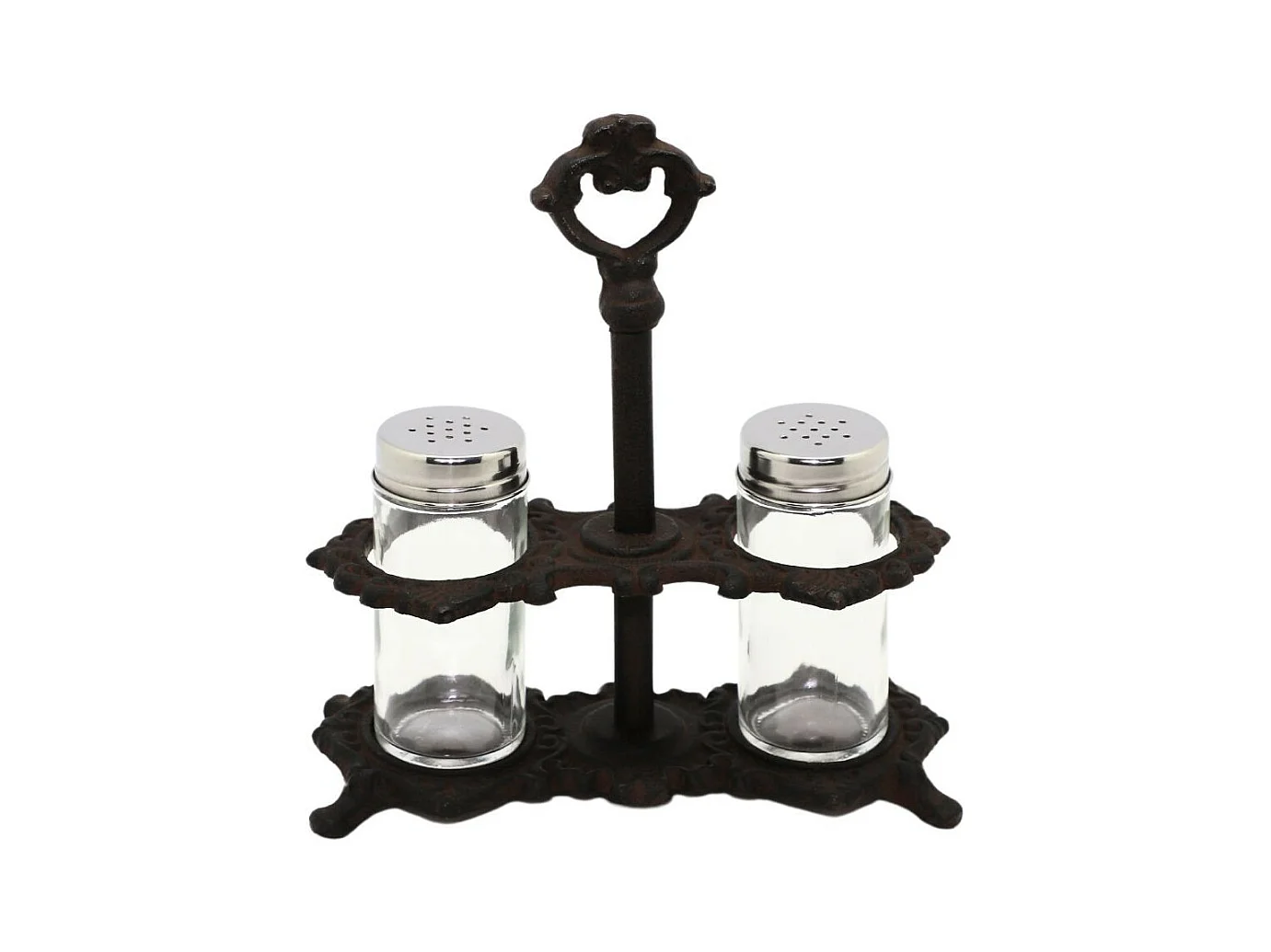 Salière et poivrière anciennes vintage fonte marron verre 18x8x20cm