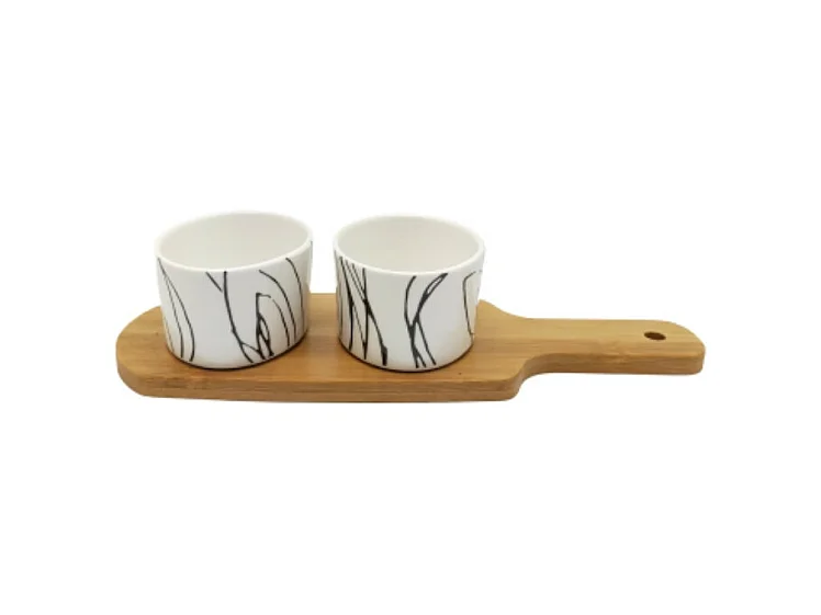 ~ Set apéritif tapas 2 verrines en bambou et céramique blanc et marron 26 x 9.5cm