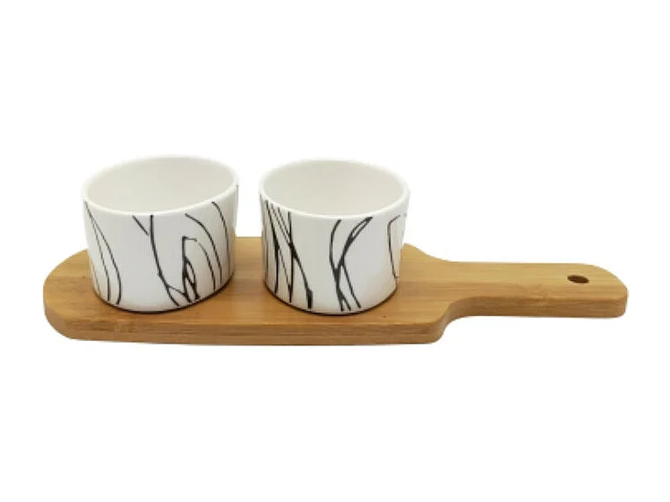 ~ Set apéritif tapas 2 verrines en bambou et céramique blanc et marron 26 x 9.5cm