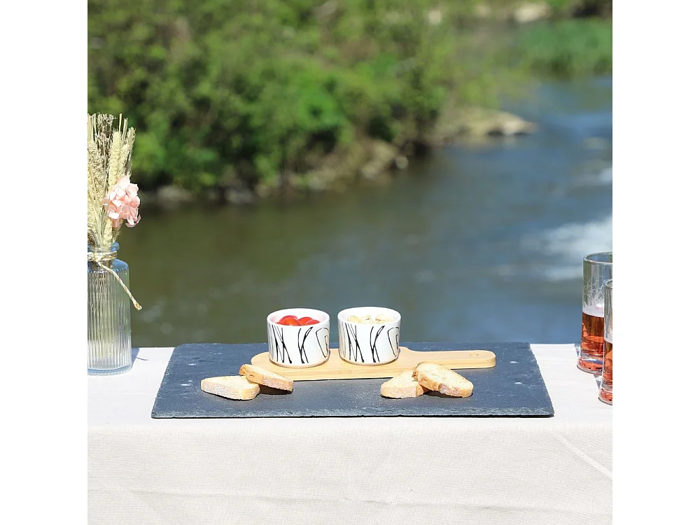 ~ Set apéritif tapas 2 verrines en bambou et céramique blanc et marron 26 x 9.5cm