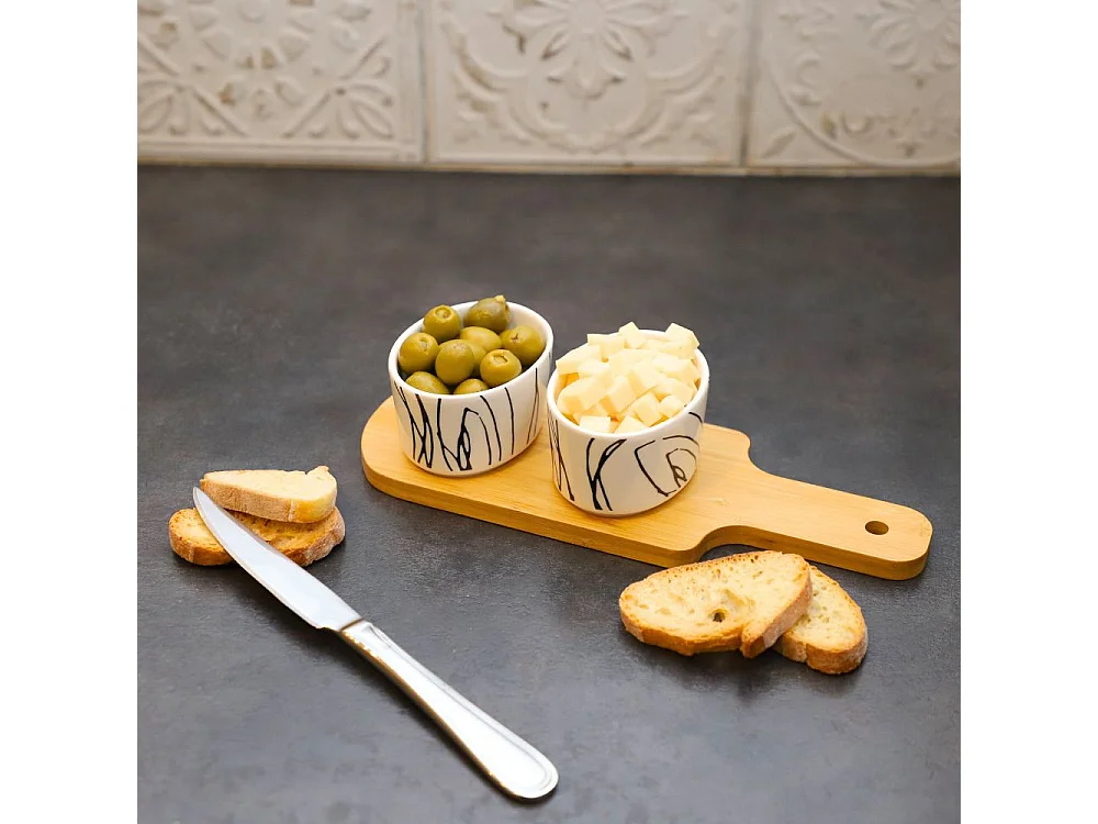 ~ Set apéritif tapas 2 verrines en bambou et céramique blanc et marron 26 x 9.5cm