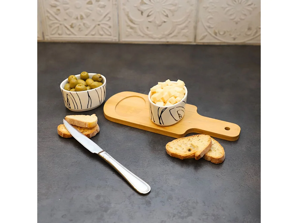 ~ Set apéritif tapas 2 verrines en bambou et céramique blanc et marron 26 x 9.5cm