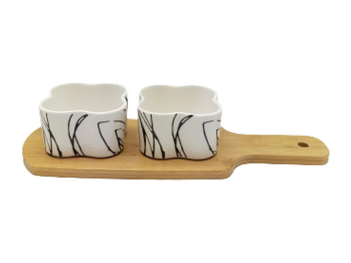 ~ Set apéritif tapas 2 verrines en bambou et céramique blanc et marron 27.5 x 10