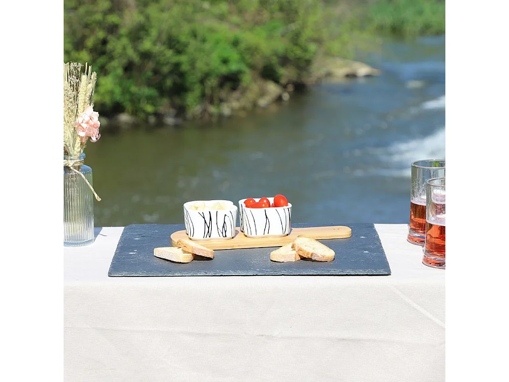 ~ Set apéritif tapas 2 verrines en bambou et céramique blanc et marron 27.5 x 10