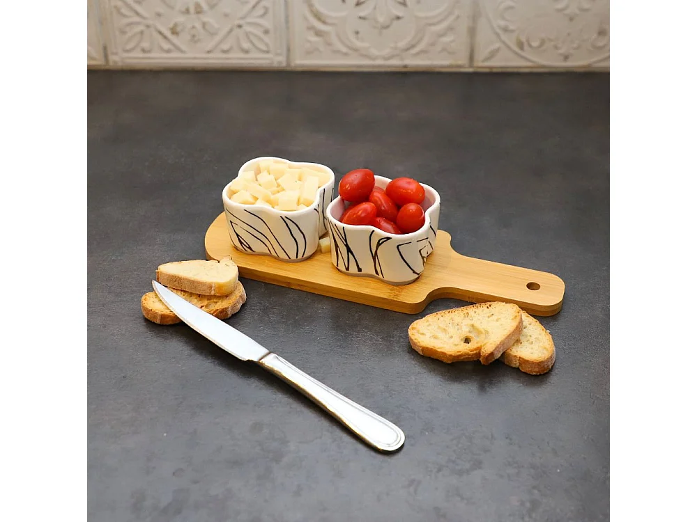 ~ Set apéritif tapas 2 verrines en bambou et céramique blanc et marron 27.5 x 10