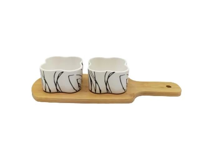 ~ Set apéritif tapas 2 verrines en bambou et céramique blanc et marron 27.5 x 10