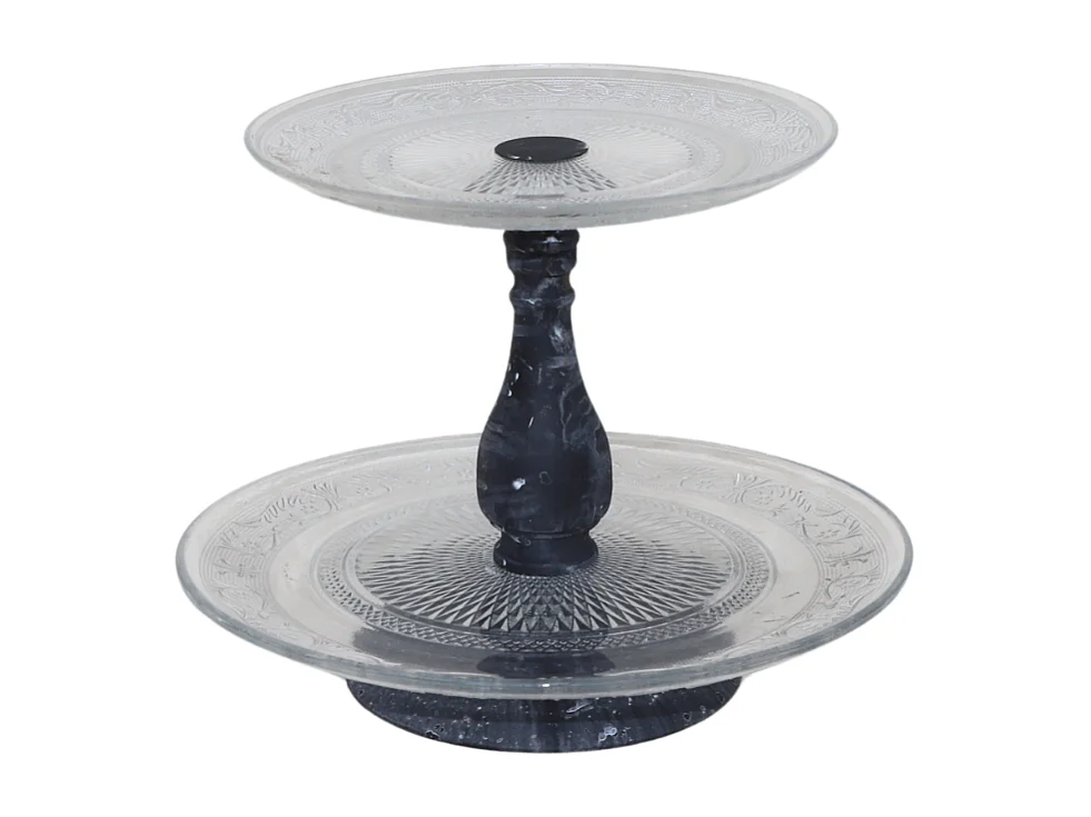 Plateau à gâteau 2 étages en métal gris et verre Ø32.5-25 cm x Ht.35 cm