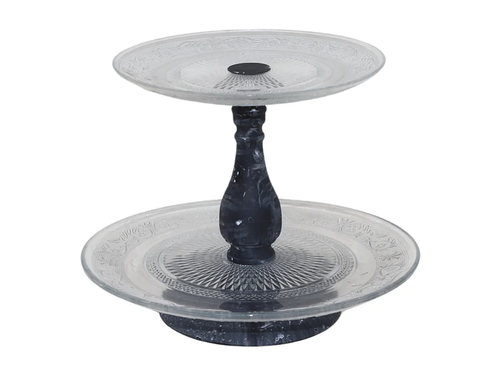 Plateau à gâteau 2 étages en métal gris et verre Ø32.5-25 cm x Ht.35 cm