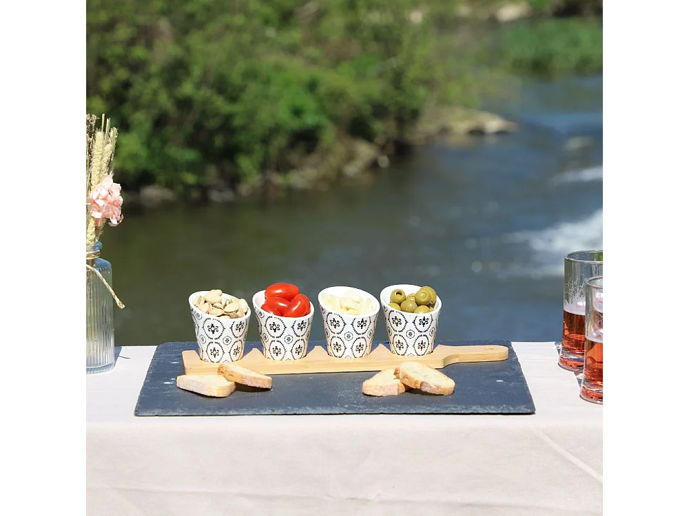 ~ Set apéritif tapas 4 verrines bambou céramique blanc et marron 34.5 x 8 cm