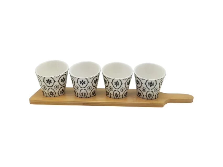 ~ Set apéritif tapas 4 verrines bambou céramique blanc et marron 34.5 x 8 cm