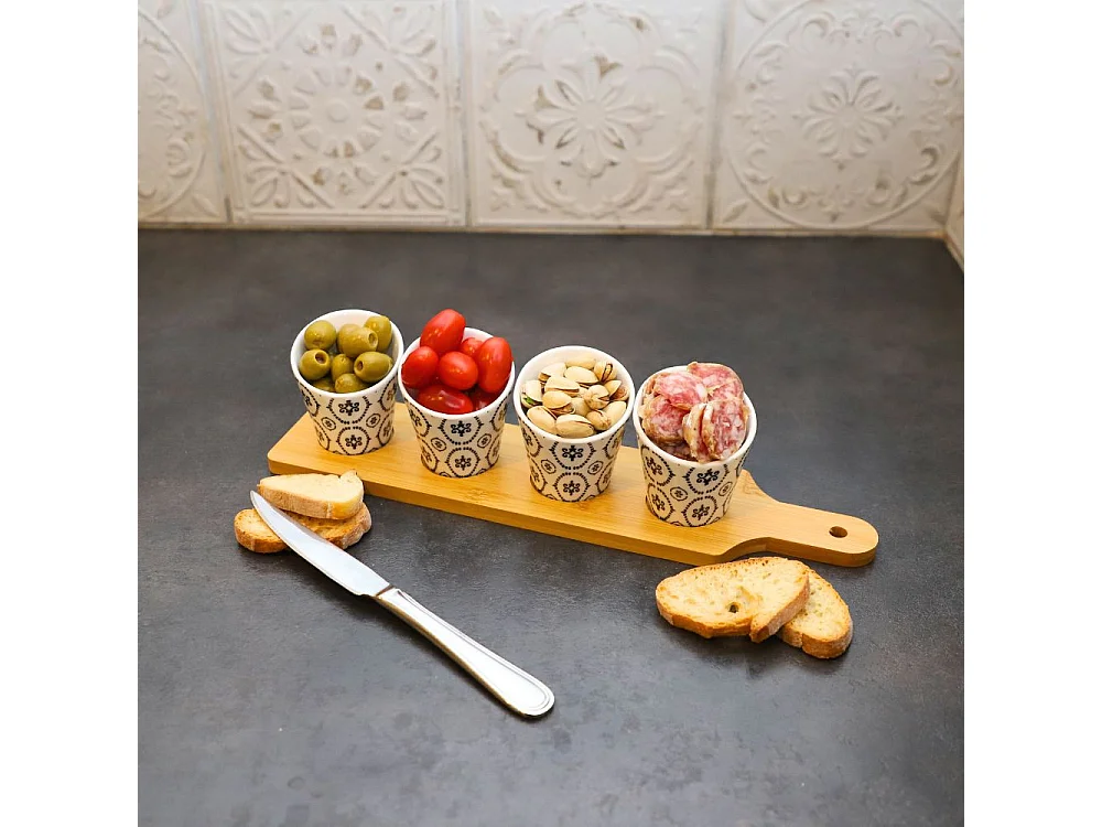 ~ Set apéritif tapas 4 verrines bambou céramique blanc et marron 34.5 x 8 cm