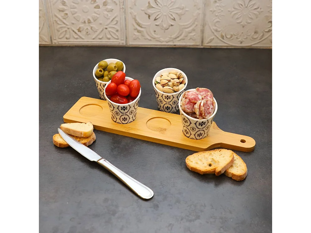 ~ Set apéritif tapas 4 verrines bambou céramique blanc et marron 34.5 x 8 cm
