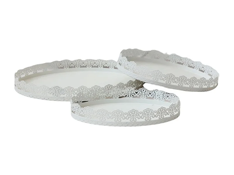 Set de 3 plateaux à gateaux motif dentelle en métal blanc L.35-30-25 cm