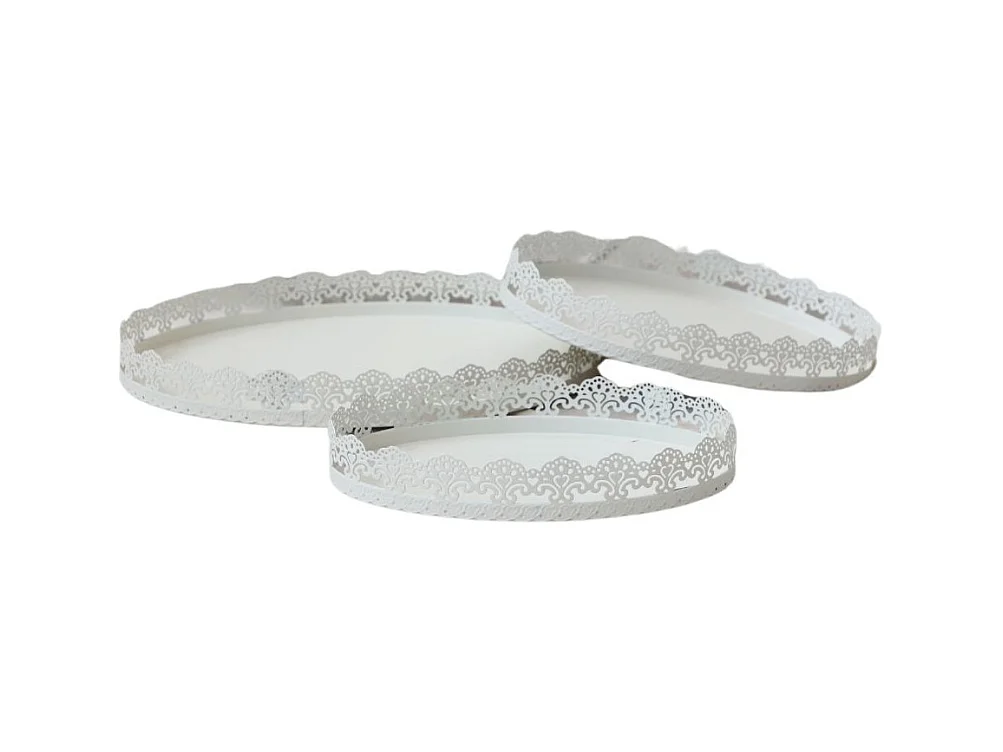 Set de 3 plateaux à gateaux motif dentelle en métal blanc L.35-30-25 cm