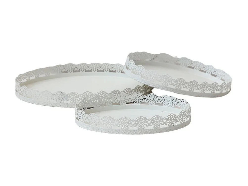 Set de 3 plateaux à gateaux motif dentelle en métal blanc L.35-30-25 cm