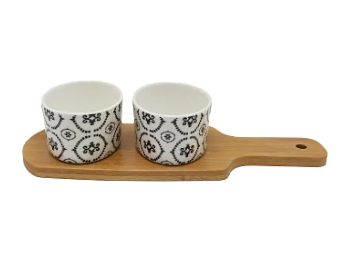 ~ Set apéritif tapas 2 verrines en bambou et céramique blanc et marron 26 x 9.5cm