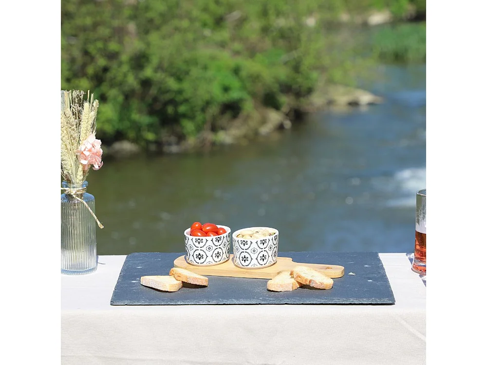 ~ Set apéritif tapas 2 verrines en bambou et céramique blanc et marron 26 x 9.5cm