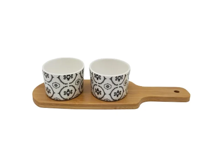 ~ Set apéritif tapas 2 verrines en bambou et céramique blanc et marron 26 x 9.5cm
