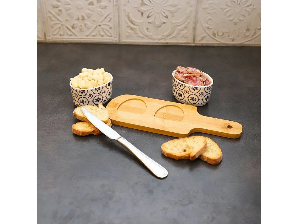 ~ Set apéritif tapas 2 verrines en bambou et céramique blanc et marron 26 x 9.5cm