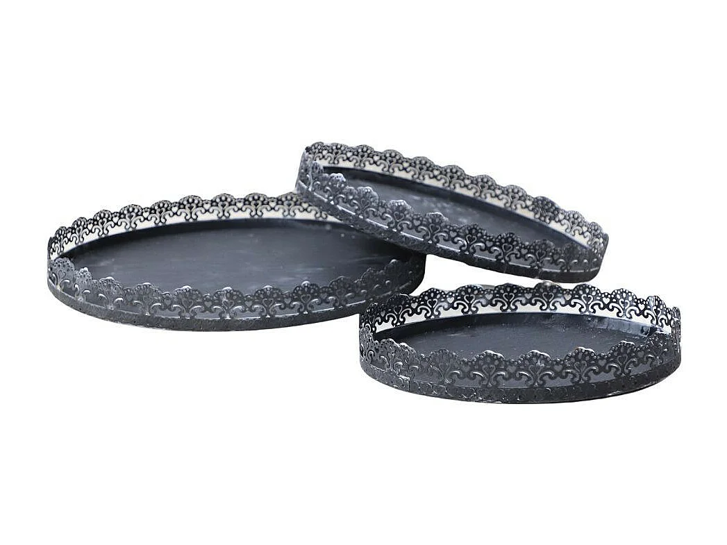 Set de 3 plateaux à gateaux motif dentelle en métal gris L.35-30-25 cm