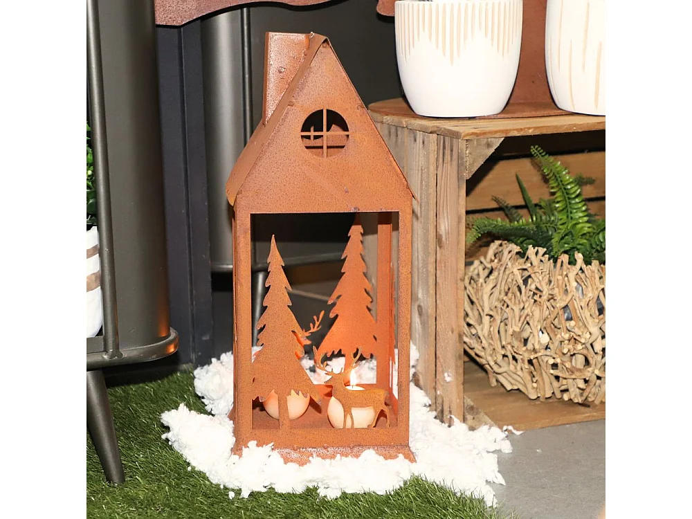 Lanterne jardin extérieur à poser bougie ancienne métal rouillé 50 cm