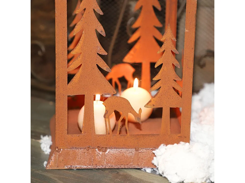 Lanterne jardin extérieur à poser bougie ancienne métal rouillé 50 cm