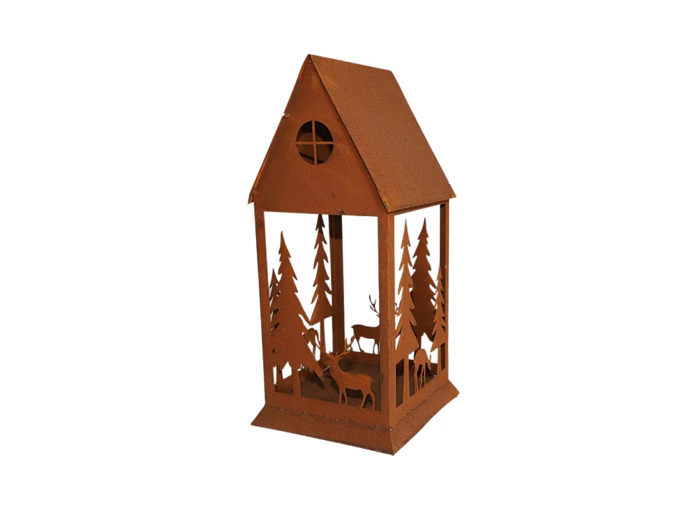 Lanterne jardin extérieur à poser bougie ancienne métal rouillé 50 cm