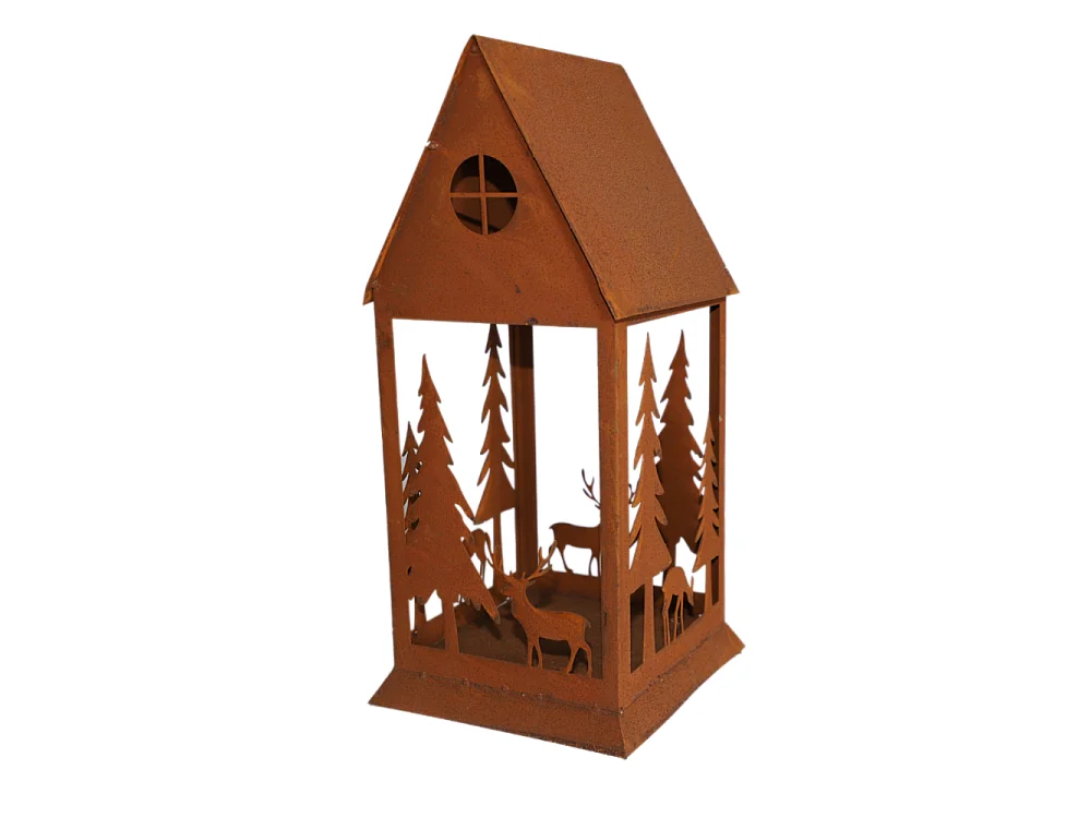 Lanterne jardin extérieur à poser bougie ancienne métal rouillé 50 cm