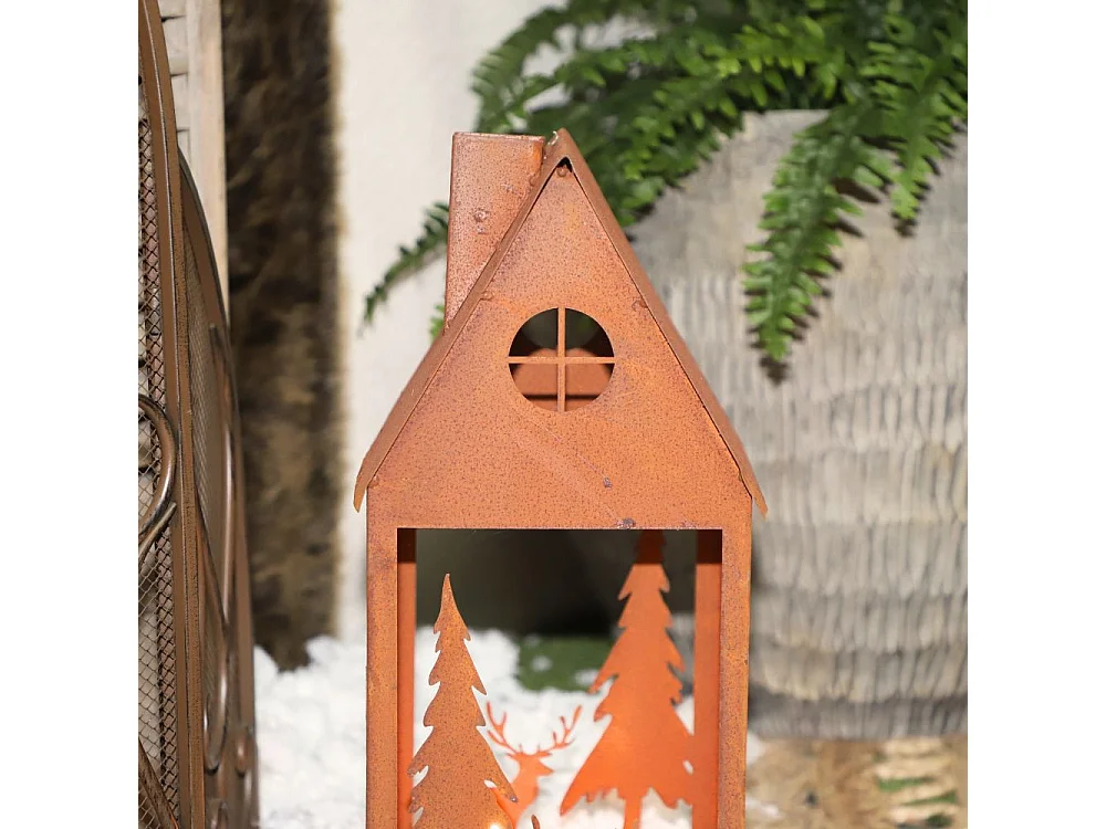 Lanterne jardin extérieur à poser bougie ancienne métal rouillé 50 cm