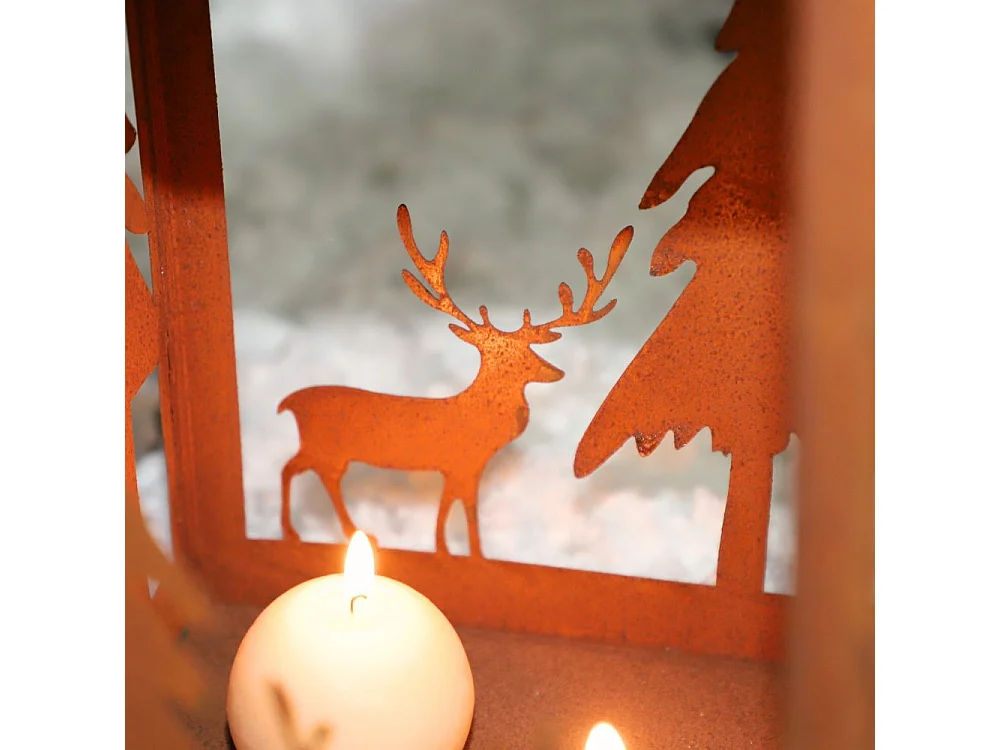 Lanterne jardin extérieur à poser bougie ancienne métal rouillé 50 cm