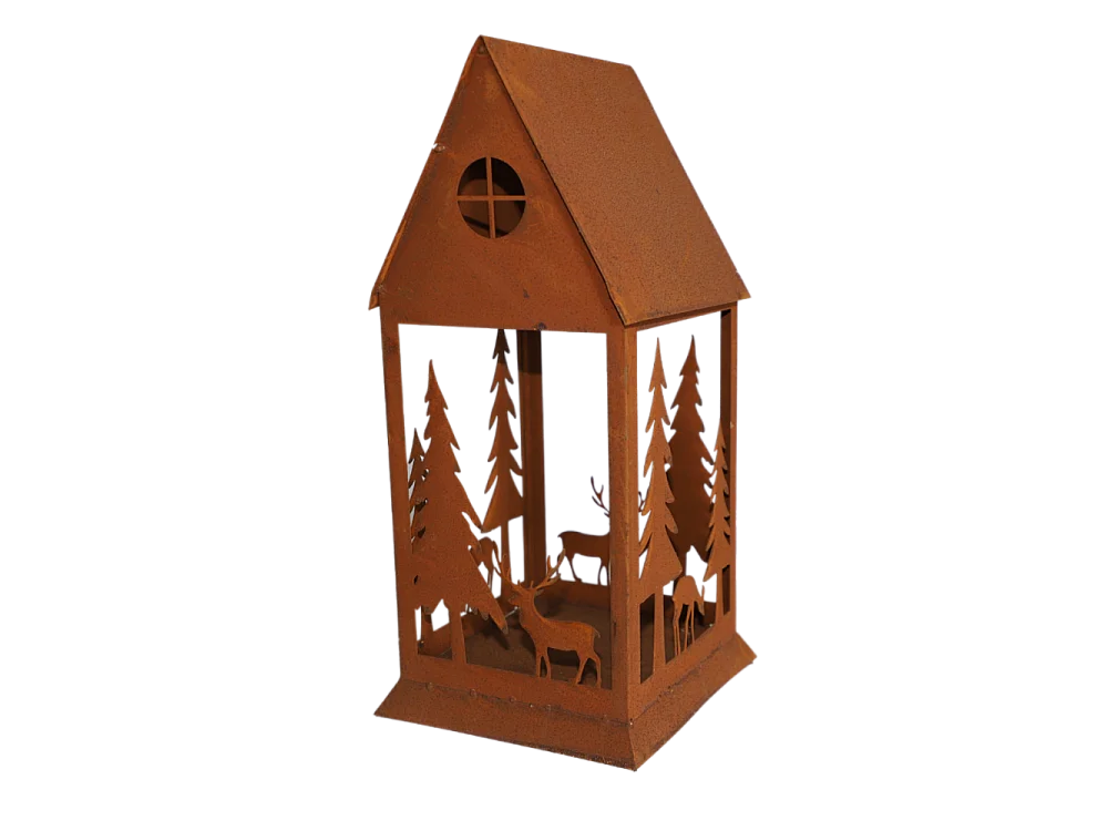 Lanterne jardin extérieur à poser bougie ancienne métal rouillé 50 cm