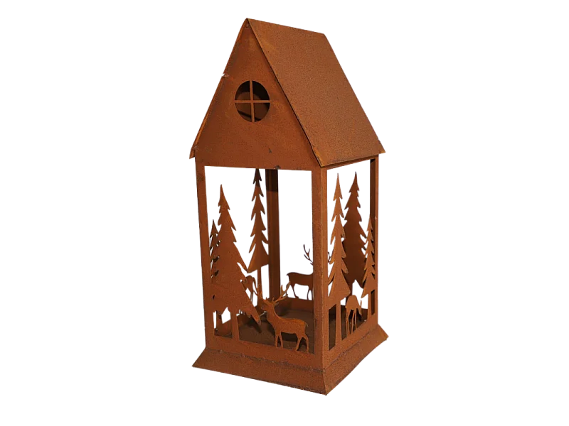 Lanterne jardin extérieur à poser bougie ancienne métal rouillé 50 cm