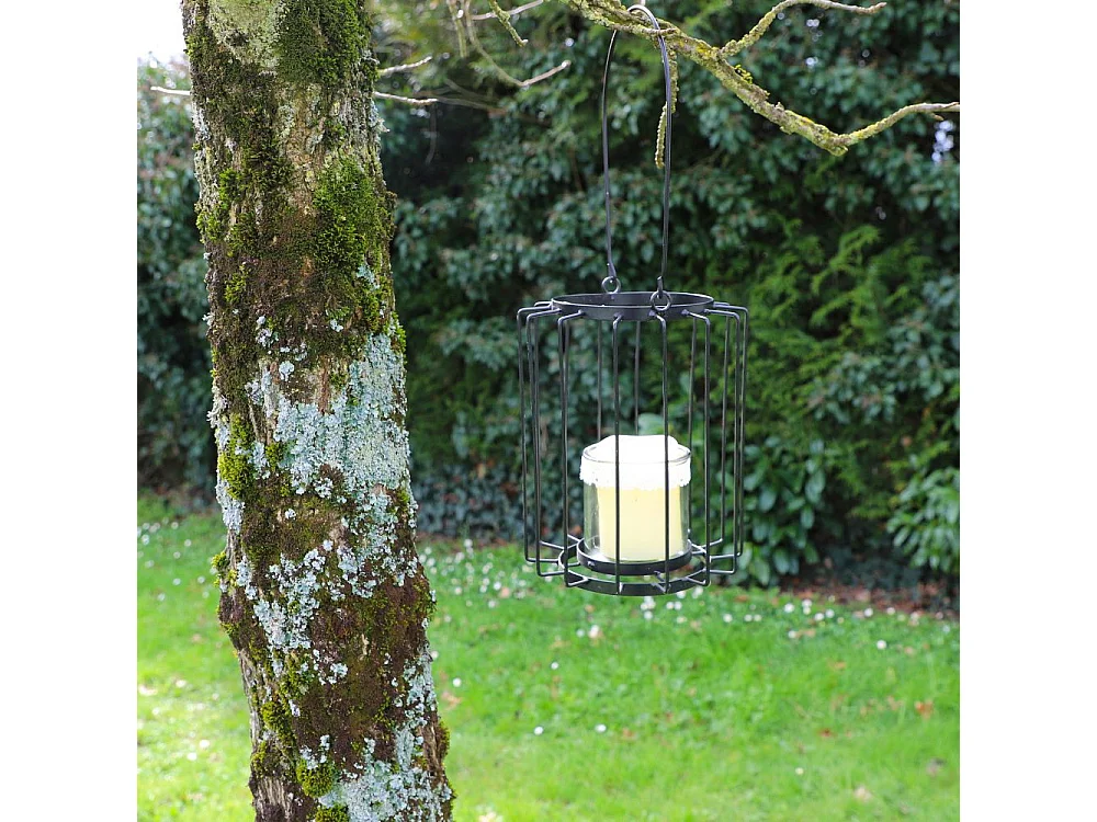 Lanterne jardin extérieur à poser bougie ancienne métal noir 22x28cm