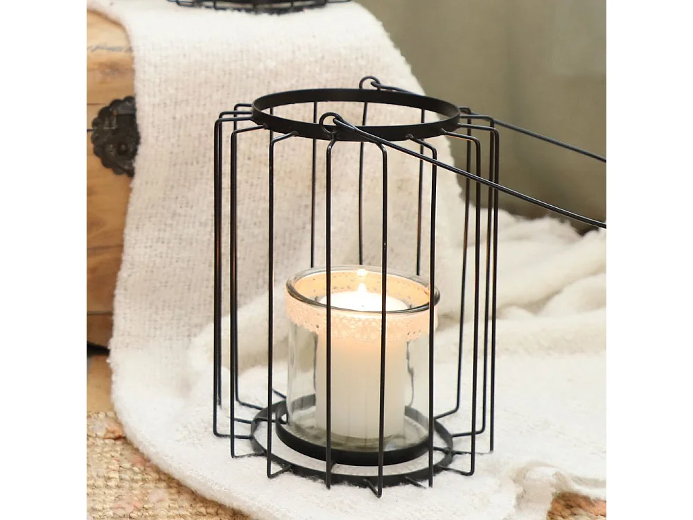Lanterne jardin extérieur à poser bougie ancienne métal noir 22x28cm