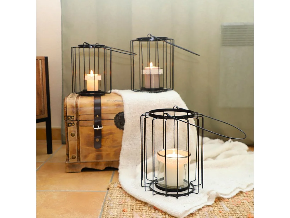 Lanterne jardin extérieur à poser bougie ancienne métal noir 22x28cm