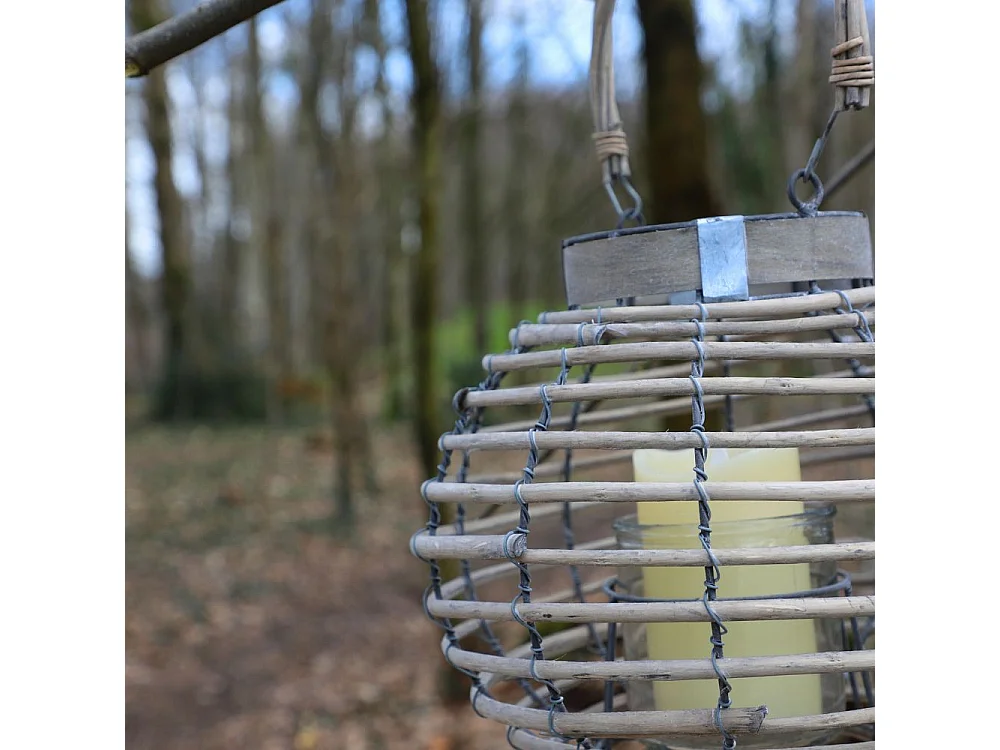 Lanterne jardin extérieur à suspendre bougie ancienne rotin 28cm