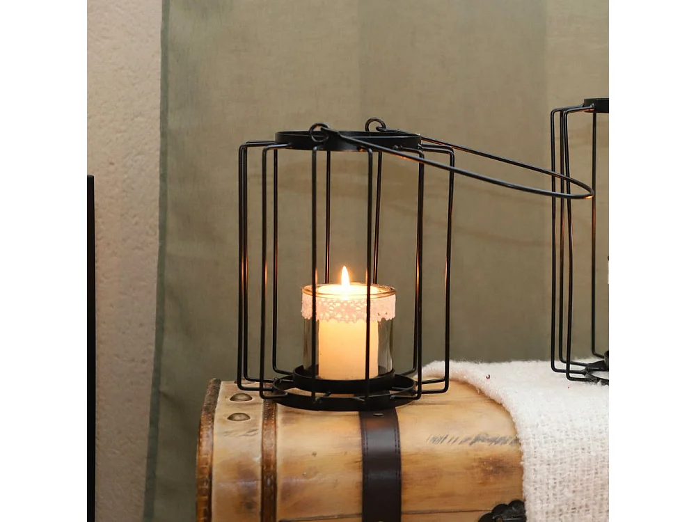 Lanterne jardin extérieur à poser bougie ancienne métal noir 18x22cm