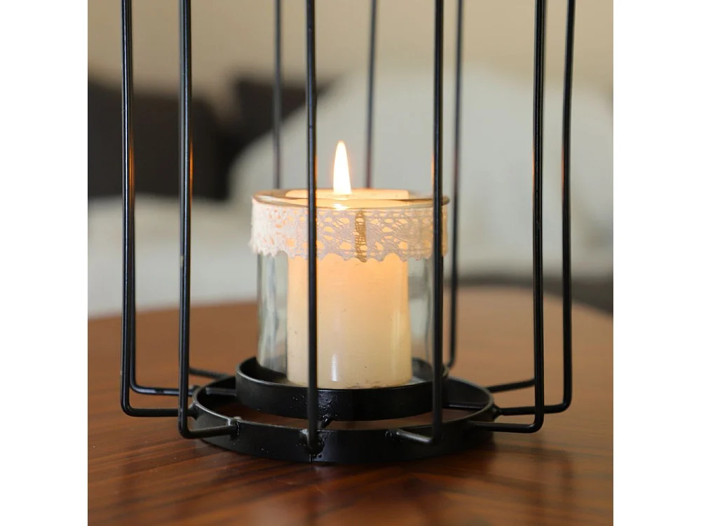 Lanterne jardin extérieur à poser bougie ancienne métal noir 18x22cm