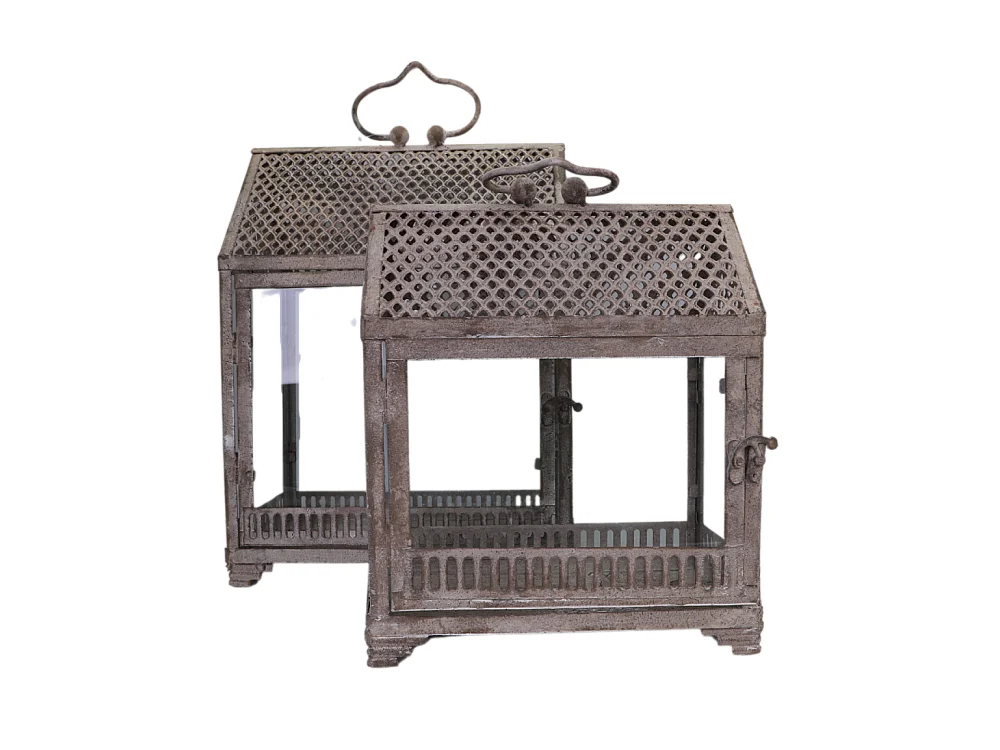 Lanternes mini serres jardin à poser ancienne métal verre gris 28-37cm