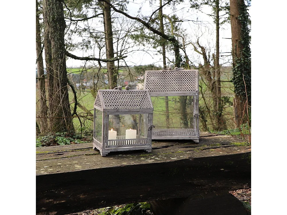 Lanternes mini serres jardin à poser ancienne métal verre gris 28-37cm
