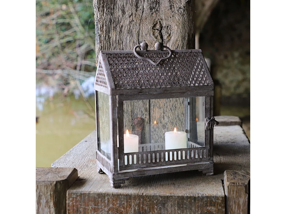 Lanternes mini serres jardin à poser ancienne métal verre gris 28-37cm