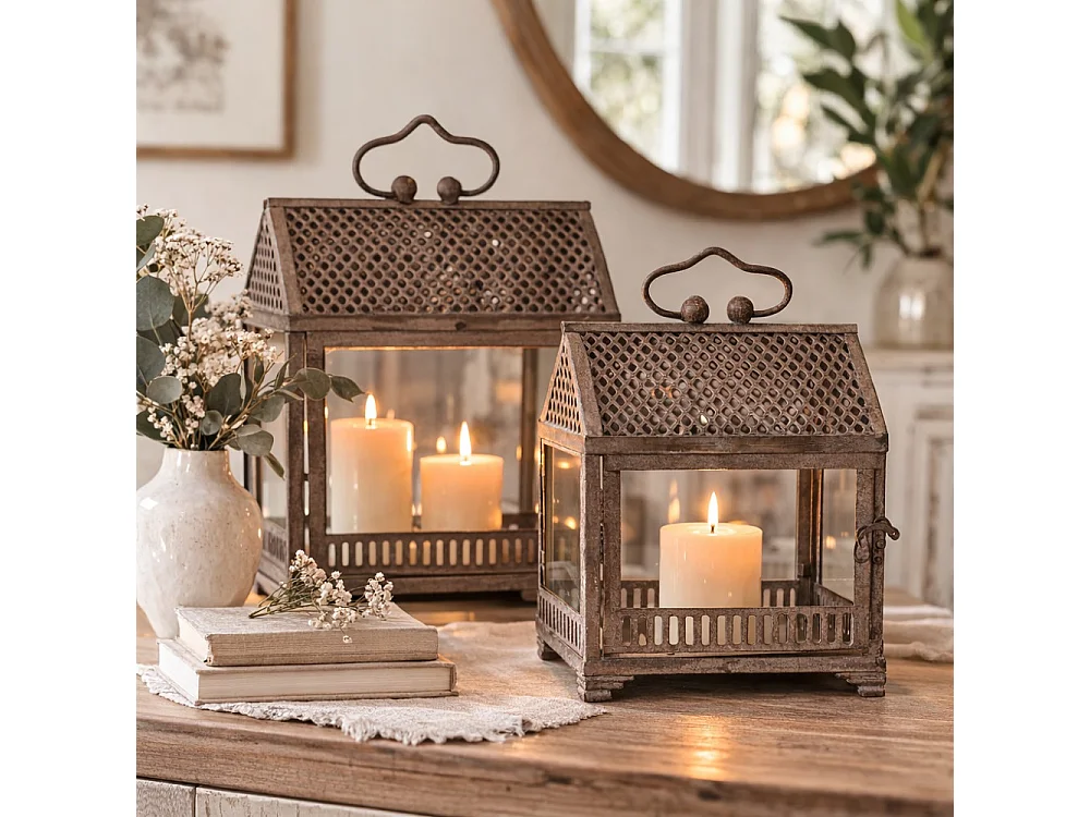 Lanternes mini serres jardin à poser ancienne métal verre gris 28-37cm